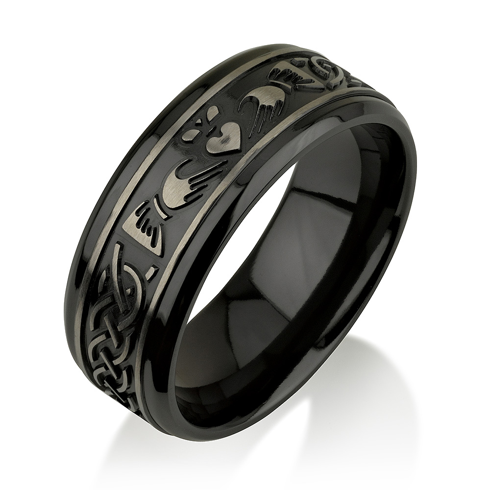 Claddagh Black Zirconium Ring, Black Zirconium Wedding Band, Men's